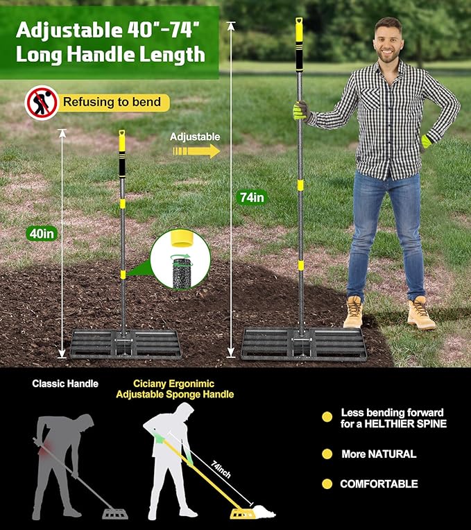 Lawn Leveling Rake 30x10 Inch , Heavy-Duty Yard Leveling Rake 6.2FT Leveler Tool for Soil, Sand & Topsoil, Backyard, Garden, Golf Course