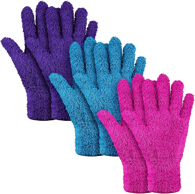 Patelai 3 Pairs Microfiber Plant Dusting Gloves Leaf Cleaning Gloves for Indoor Plants, Blinds, Furniture, House (Purple,Blue,Rose Red,Medium)