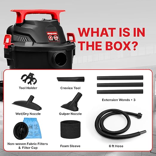Shop-Vac 5430112 Wet/Dry Vacuum, 4 Gallon, 4 Peak HP, 1-1/4 Inch Diameter x 6 Foot Hose, 10 Foot Cord, Ideal for Jobsite, Garage, Workshop & Home