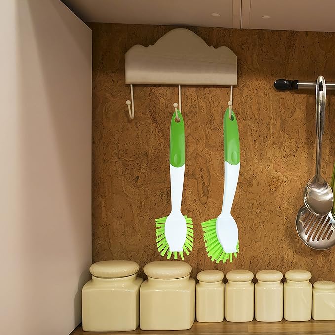 PHYEX 2-Pack Kitchen Green Scrub Brush for Cleaning Dishes Pots Pan Sink and Bathroom with Comfortable Long Handle