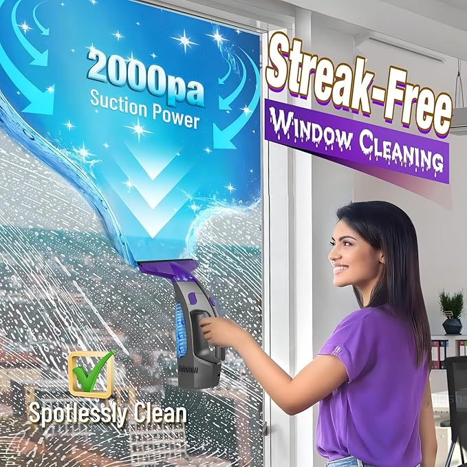 Window Vacuum Squeegee Cordless, 2000Pa Electric Window Cleaner with Power Blade, Vacuum Squeegee for Window Cleaning, Streak-Free Window Vacuum with 360ml Spray Bottle for Windows, Mirrors, Tiles