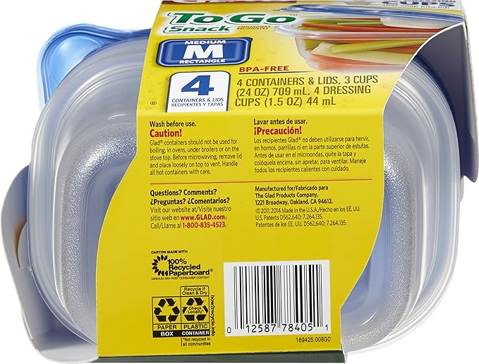 Glad GladWare To Go Snack Food Storage Containers with Lids, Medium Rectangle No BPA Plastic with Built-In Dressing Cup for Salads and Snacks, Microwave Dishwasher Safe, 24 Oz, 4 Count