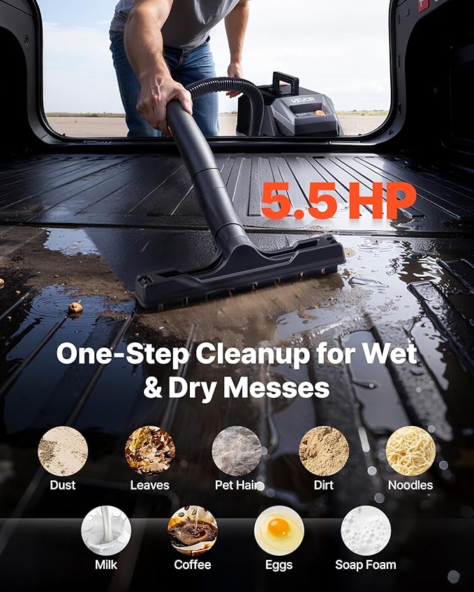 VEVOR Commercial Shop Vac, 11 Gallon Wet Dry Shop Vacuum, 5.5 Peak HP Portable with One-Button Self-Cleaning, 1350W Input, 1.25in x 7ft Hose, 20ft Cord, Industrial-Grade for Jobsite, Workshop