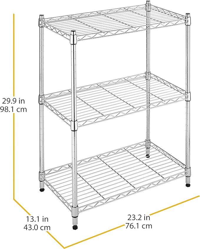 Whitmor 3-Tier Shelving Unit, Metal Storage Shelves, Easy Assembly Home Organizer for Pantry, Kitchen, Garage, Plant, 23" L x 13" W x 30" H