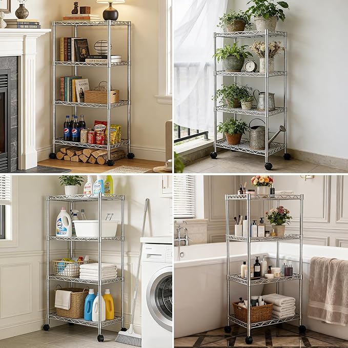 4-Tier Metal Shelf Wire Rack,Narrow Shelving Unit 17.3" Wx11.4 Dx44.3 H,Height Adjustable Kitchen Pantry Shelves with Lockable Wheels Storage for Laundry,Office,Bathroom Or Small Spaces