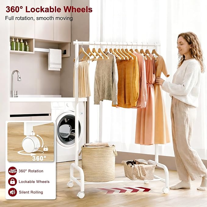 SLEEPING LAMB Heavy Duty Clothing Racks for Hanging Clothes, Small Rolling Clothes Rack with Wheels, Sturdy Garment Wardrobe Rack for Bedroom, Laundry Room, White