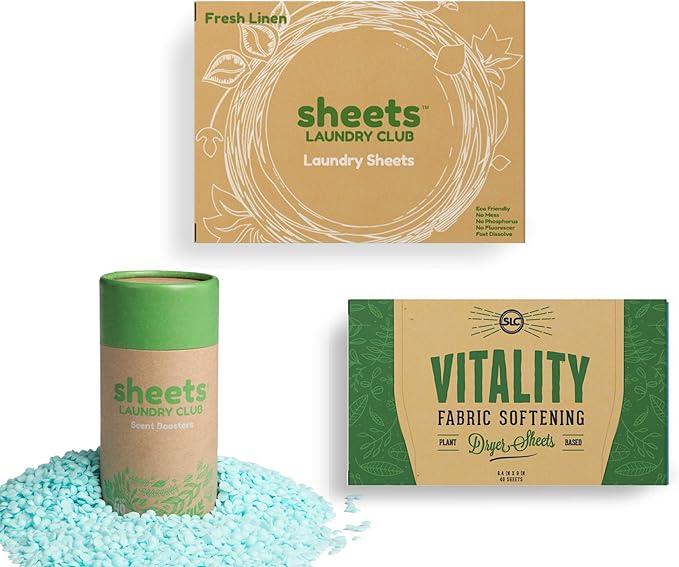 Sheets Laundry Club Bundle - 50 Pack (up to 100 loads) Fresh Linen Detergent Sheets, 40 Pack Free & Clear Dryer Sheets & 8 Oz. Uncharted Waters Scent Booster - New Liquidless Technology