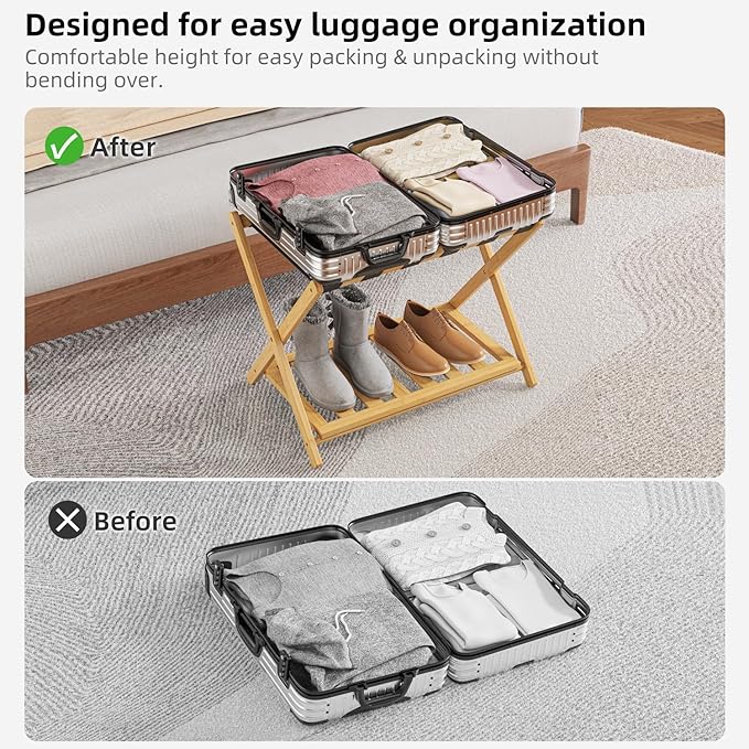 BAMBOOHOMIE 2 Pack Bamboo Luggage Rack for Guest Room, 26.77" Folding Wide Suitcase Stand with Storage Shelf, Thickened Luggage Stand Holder for Bedroom Hotel, Luggage Rack for Suitcases (Natural)