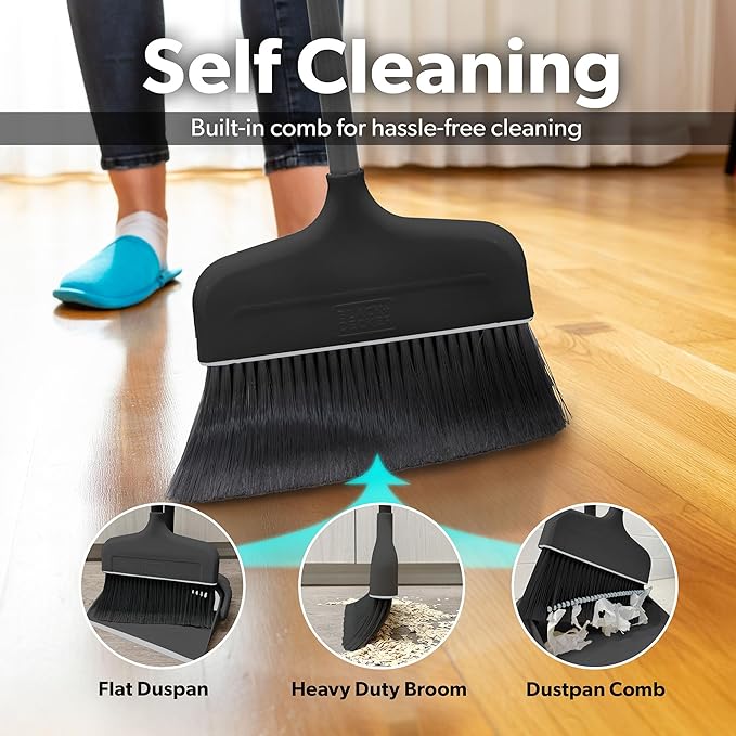 BLACK+DECKER Butler Broom & Dustpan Set - Stand-Up Design - Lightweight, Space-Saving Combo for Kitchen, Living Room, Bathroom, Lobby Floors - Home Cleaning Essential, Black/Grey