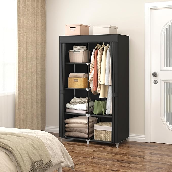 MOGELAFOO 35 Inch Portable Closet for Small Room, Clothing Organizer Storage Rack with Non-Woven Fabric Cover, 1 Clothes Hanging Rod, 6 Storage Shelves, Black