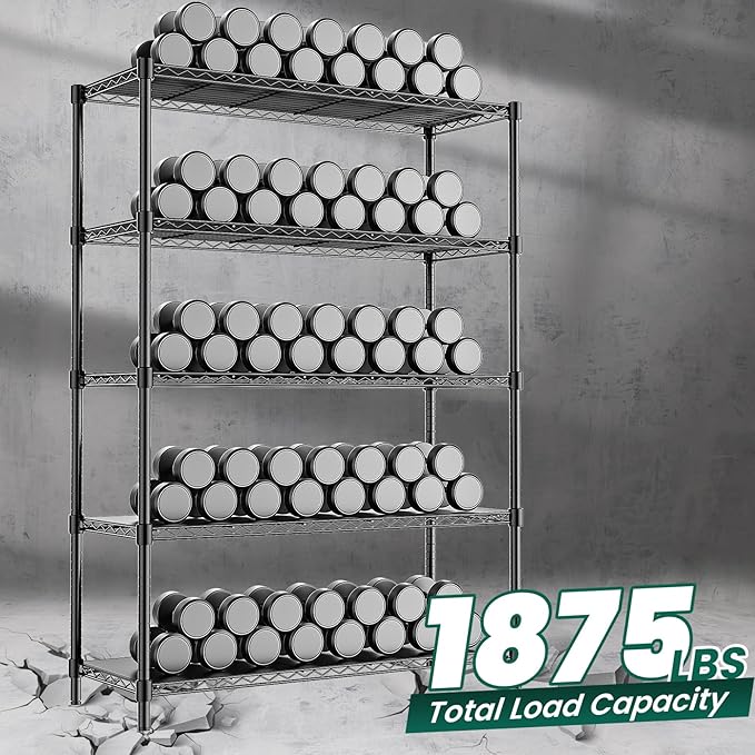 48" W Storage Shelves 1875LBS Metal Shelving, 5-Tier Adjustable Wire Shelving Unit with Liners, Heavy Duty Garage Shelving Steel Rack for Commercial Pantry, 48" W x 18" D x 72" H, Black