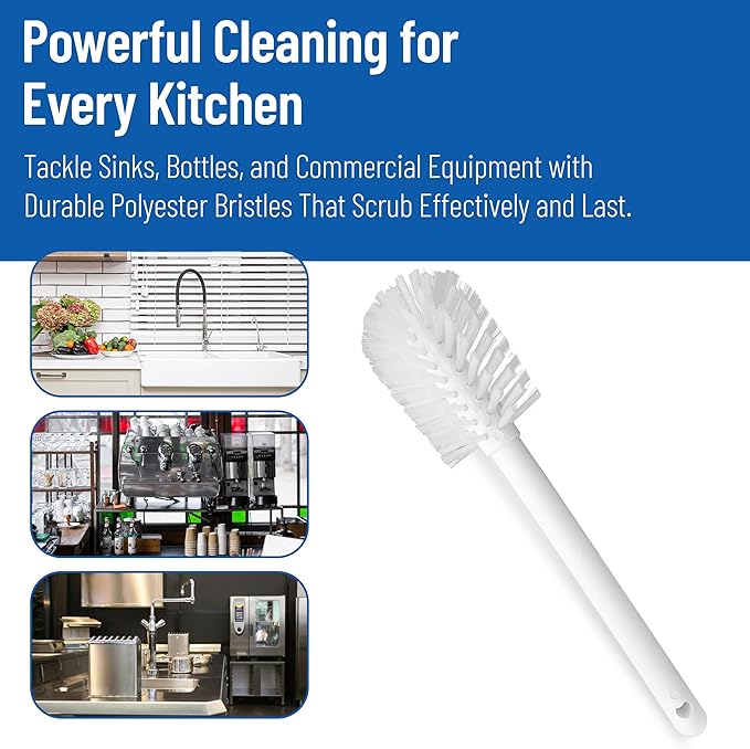 SPARTA Large Water Bottle Brush Ideal for Wide-Mouth Jars, Bottles and Tumblers, Dishwashing Tool with Handle for Home and Commercial Kitchens, Plastic, 12 Inches, White, (Pack of 6)