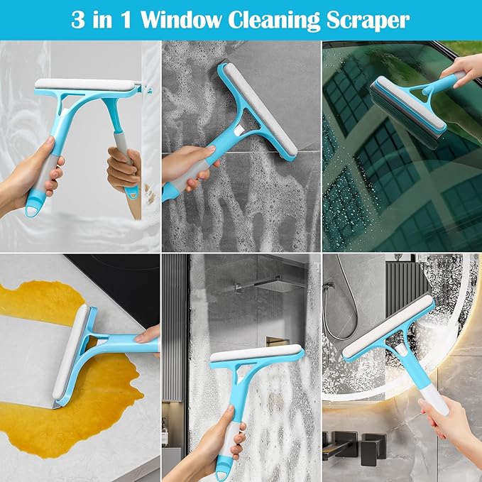 XANGNIER Window Cleaner Tool Kit,2026 3 in 1 Window Cleaning Scraper with Spray,Thickened Magic Cleaning Cloth,Window Scrubber Cleaning Squeegee for Glass,Mirror,Shower Doors,Car Windshields(Blue)