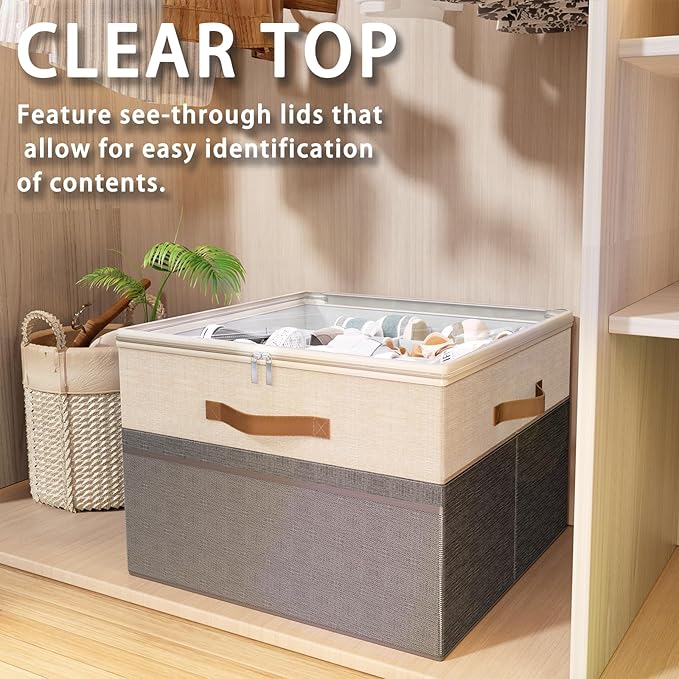 Shoe Organizer for Closet, 2 Pack Foldable Shoe Storage Organizer Box Bin with Adjustable Dividers and Clear Cover, Fits up to 16-32 Pairs（Grey&Beige）