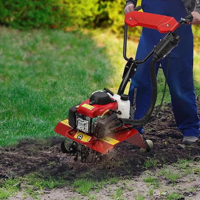 Mini Tiller Cultivator 63CC 4-Stroke Gas Powered Hand Rotary Cultivator Rototiller Walk Behind Garden Farmyard Tiller Cultivator,Adjustable Tilling Depth Front Tine Tiller for Loosening Soil,Weeding