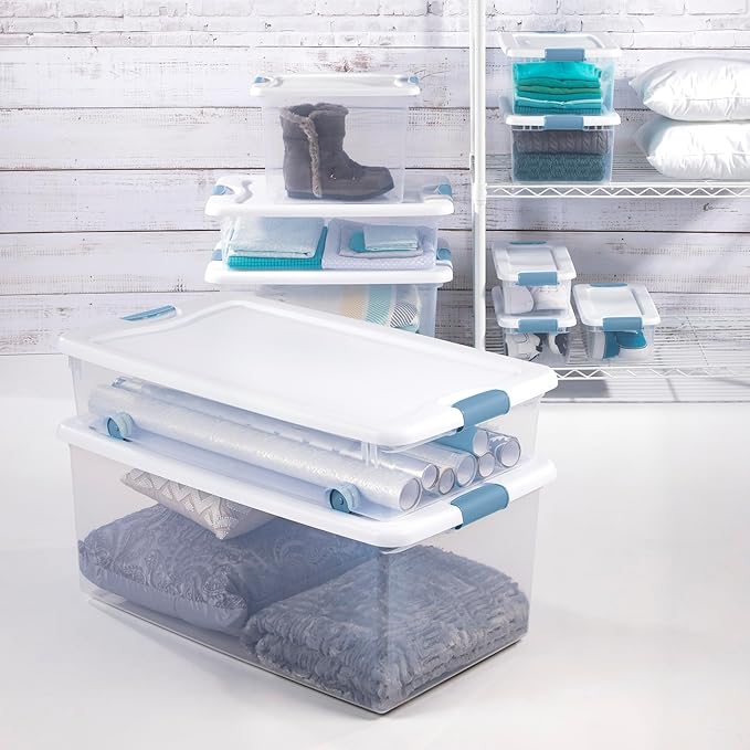 Sterilite 24-Pack Latching Box, Under Bed Storage Bins with Lids, Clear Plastic, 64 Quart - Heavy-Duty Organizing Containers for Closet, Bathroom, and Office