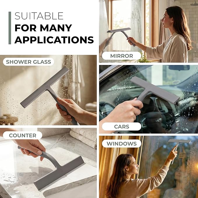 GÜTEWERK Silicone Shower Squeegee for Glass Doors & Mirrors with Stainless Steel Core, Streak-Free & No-Squeak Window Cleaning, 3-in-1 No-Drill Mount (Hook/Suction/Adhesive),Gray, 11 Inches