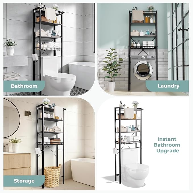 GRUSIGN Over-The-Toilet Storage Shelf, 4-Tier Bathroom Organizer Shelf, Freestanding Space Saver Shelves Over Toilet with Adjustable Shelf for Bathroom, Black