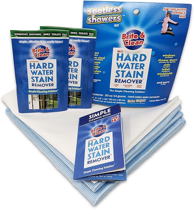 Brite & Clean® Spotless Shower Doors® Kit for Hard Water Stain Removal on Glass, Shower Doors & Windows – Removes Mineral Deposits from Granite, Porcelain, Tile, Stainless Steel & Chrome too