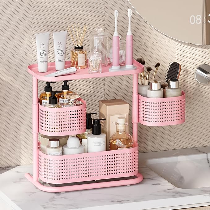 KINGRACK 3 Tier Pink Bathroom Counter Organizer, Rotating Makeup Organizer for Vanity, Perfume & Skincare Standing Shelf, Vanity Tray for Bathroom Countertop Storage, Pink