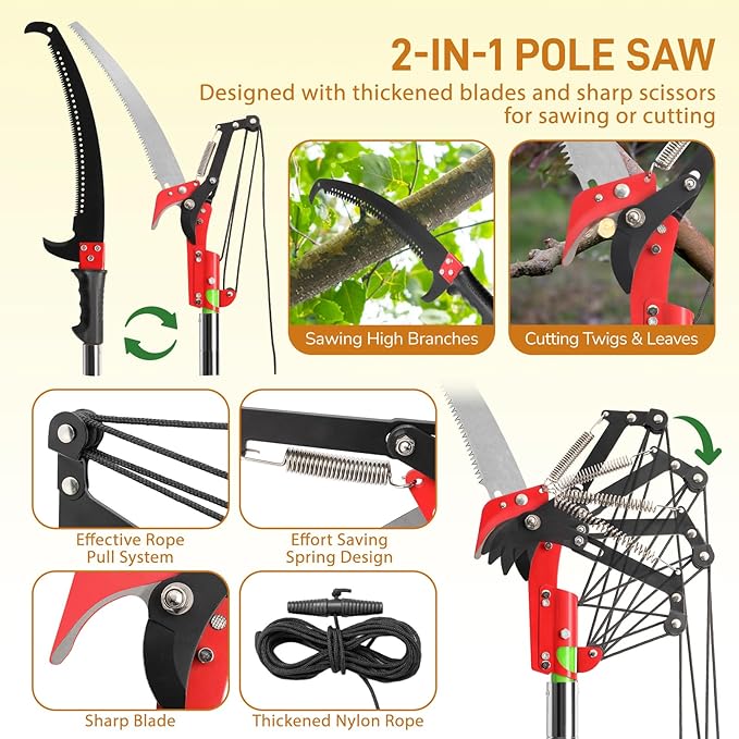 Outvita Manual Pole Saw, 30 Feet Extendable Tree Pruner with Knives and Storage Pocket, Sharp Steel Blade and Scissors High Branches Trimming for Pruning Palms and Shrubs(Yellow)