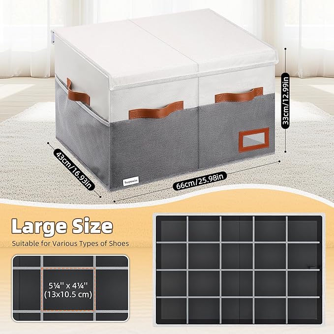 Supowin Shoe Organizer for Closet, Foldable Shoe Storage Bins with Lid & Adjustable Dividers, Fabric Shoe Box Storage Containers with Four Reinforced Handles, Fits 20 Pairs, 1 Pack, Grey