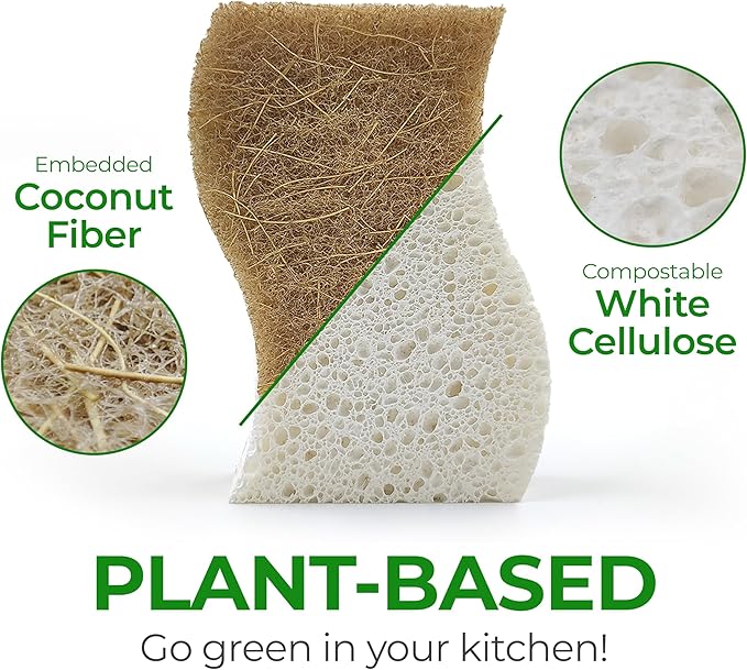 Natural Kitchen Sponges (12 Pack) - Biodegradable Cellulose & Coconut Scrubber Dish Sponges for Kitchen - Eco-Friendly, Non Scratch, Compostable, Non Toxic S-Shaped Natural Sponges for Dishes