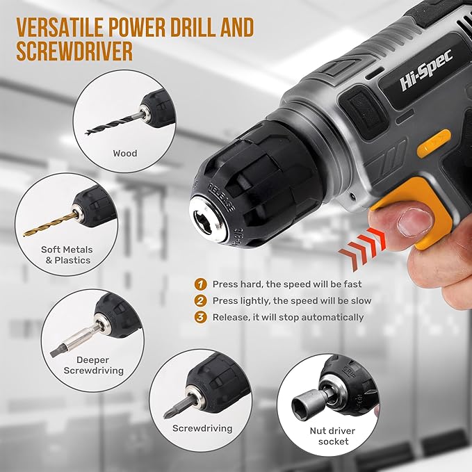 Hi-Spec 8V Cordless Drill Set & Home Tool Kit – USB Rechargeable Electric Power Drill Driver, Compact Tool Set with Essential Accessories, Gray, Perfect for DIY Repair, Maintenance, and Projects