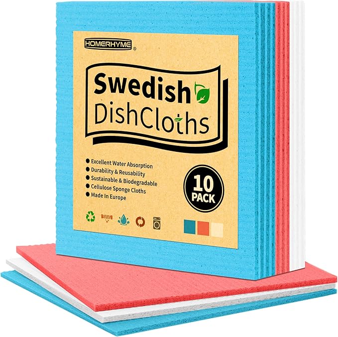 HOMERHYME Swedish Dishcloths, 10 Pack Kitchen Towels Dish Rags, Absorbent Swedish Dish Towels for Kitchen, Non-Scratch Cellulose Sponge Cloths, Biodegradable Washable Reusable Paper Towels, Assorted