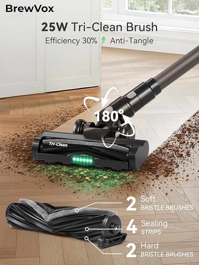 BrewVox Telescopic Cordless Stick Vacuum Cleaner for Home & Pet Hair, 25W Motorized Tri-Clean Brush, 40kPa Powerful Suction, 450W Motor, 65 Min Runtime, 2.5H Quick Rechargeable for Carpets, All Floors