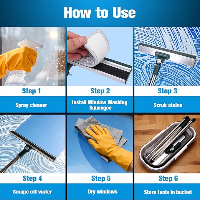 XANGNIER Window Cleaning Kit Tool with Storage Bucket,Window Washing Kit with Extension Pole,Professional Windows Washer Cleaner Squeegee Kits,Commercial&Household Use,Indoor&Outdoor High Windows