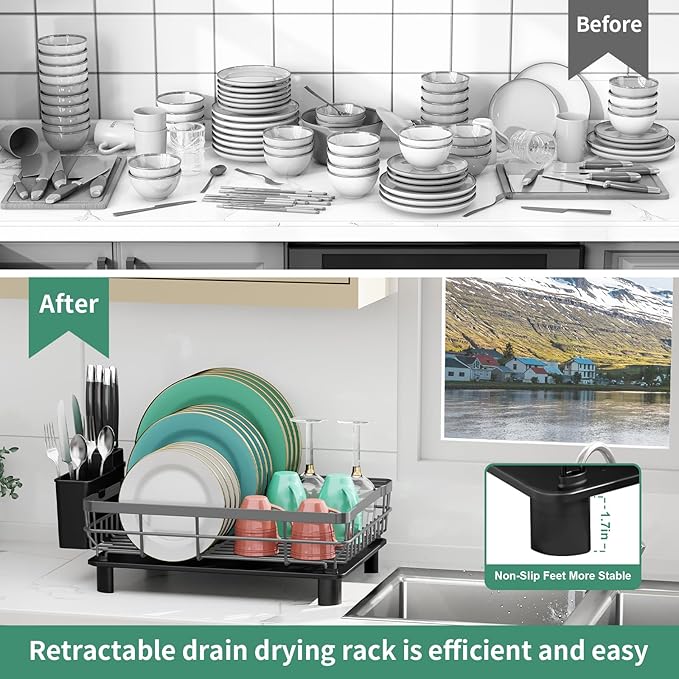 MOUKABAL Dish Drying Rack, Dish Rack, Stainless Steel Dish Racks for Kitchen Counter, Dish Drainer with Removable Utensil Holder, Drainboard (Grey,13''W x 17''L)