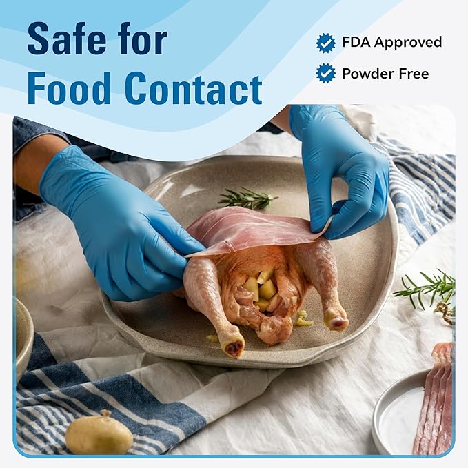 Food Safe Disposable Gloves, Blue Nitrile Rubber Gloves, Latex-Free Powder-Free for Food Prep, Cooking, Cleaning