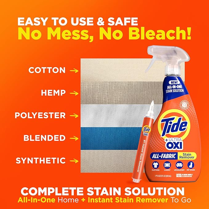 MADE BY NEHEMIAH Tide Rescue Laundry Stain Remover Spray with Oxi + Travel Size Tide To Go Pen, Spot Remover for Clothes, Fabric, Upholstery, Carpet, Grease & More Tough Stains- 22 Fl Oz + 1 Stain Pen