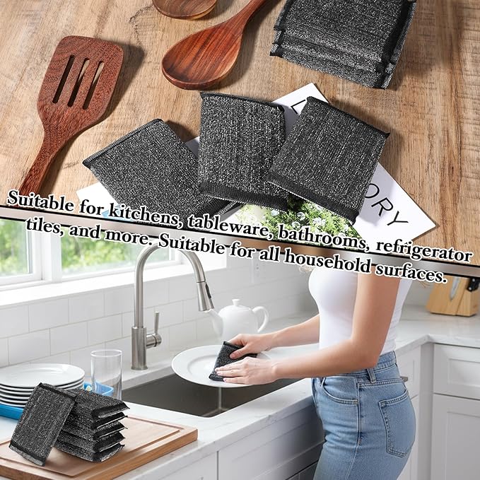 6 Pack Steel Wool Scrubber Sponges, Heavy Duty Stainless Steel Scouring Pads Reusable Non Scratch Metal Sponges Hand-Friendly Kitchen Cleaning Tool for Pots and Pans Tough Grease & Grime (Black)