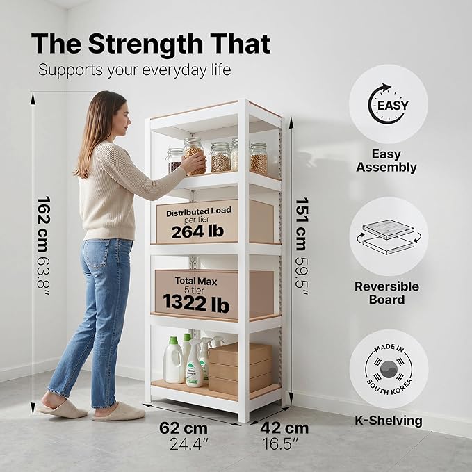 HOMEDANT House 24.4" W 5 Tier Heavy Duty Garage Shelving Adjustable Metal Rack Storage Shelves Standing Shelf Unit Organizers Pantry Closet Office White 2Pack