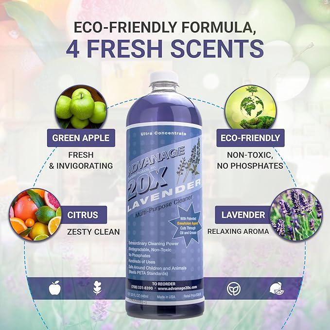 All Purpose Cleaner Concentrate - Advanage 20X The Wonder Cleaner Lavender for All Surfaces Around Bathroom, Kitchen, Oil and Grease, Multi Purpose Cleaner for Household Cleaning Solution | 32 FlOz