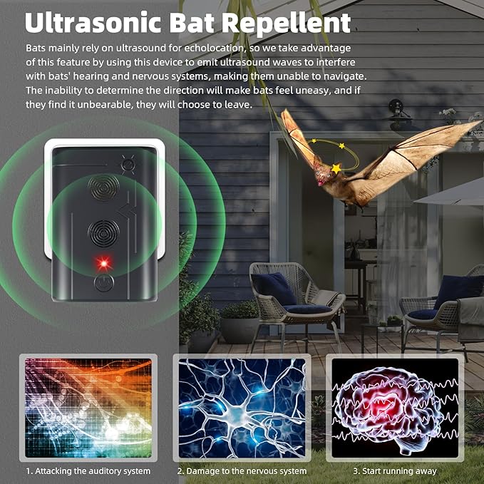 4 Pack Ultrasonic Bat Repellent Devices- Adjustable Frequency Convenient Bats Removal Device& Bird Repeller,Suitable for Bat Repellent for Attic for Home, Garage, Warehouse and Porches.