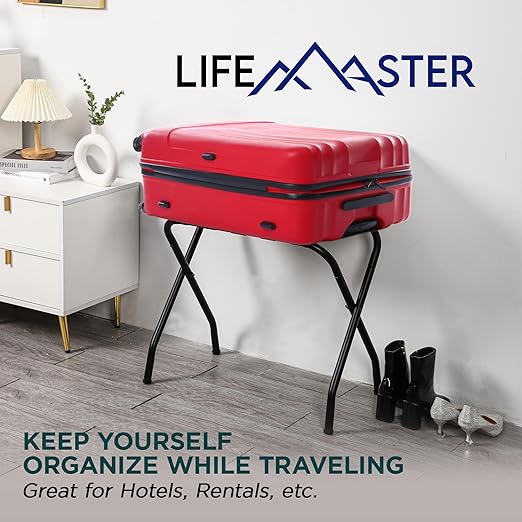 Lifemaster Metal Luggage Rack - Pack of 4 Foldable, Easy Assembly, Space Saving, and Stylish Steel Frame Guest Suitcase Stands with Nylon Straps - Black