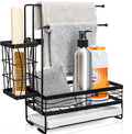 Tlence Kitchen Sink Caddy with 3 Dishcloth Drying Racks, Sponge Holder Rag Stand with Drain Pan, Metal Sink Storage Organizer with Removal Basket for Brush, Towel, Scrubber, Dish Rag, Black