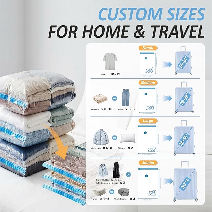 Cozy Essential Travel Vacuum Storage Bags with Rechargeable Cordless USB Pump, Space Saver Bags for Luggage, Suitcase, Carry-On, for Clothes, Blankets, Bedding & Seasonal Storage,12 Combo