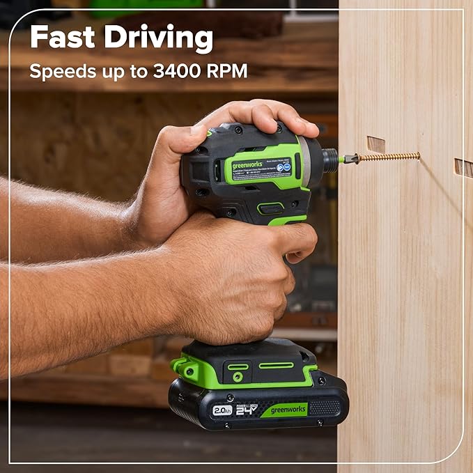 Greenworks 24V Brushless Cordless Impact Driver (1950 in-lbs.), 1/4" Hex Collet, 2.0Ah USB-C Battery, 30W USB-C Charger & 3.3FT Braided Cable, Compatible with iPhone/iPad/Samsung & More