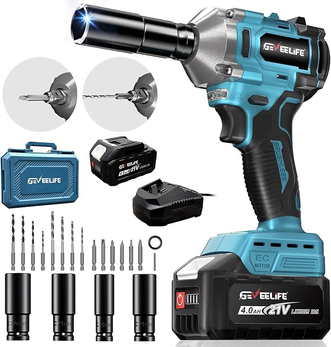 GEVEELIFE 450N.m/332Ft-lbs Brushless Impact Wrench,1/2" Cordless Impact Gun with 4.0Ah Battery & 4 Sockets, Electric Impact Driver for Car/DIY Furniture/Lawn Mower/blue (450N)