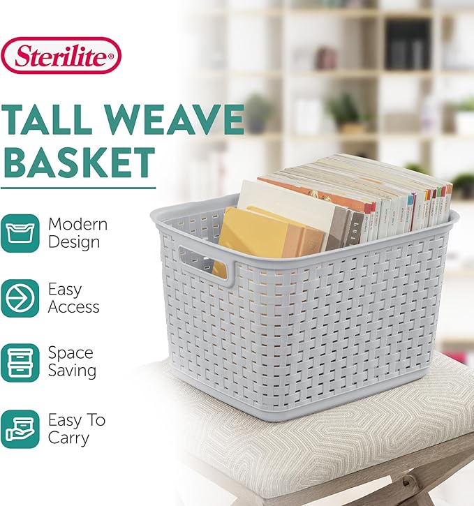 Sterilite 6-Pack Tall Weave Basket, Woven Plastic Storage Baskets for Organization, Cement Gray - Organizing Bin Containers with Handles for Bedroom, Bathroom, Dorm, Laundry Room, and Closet