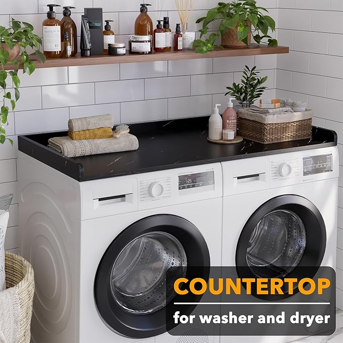 SpaceAid Washer Dryer Countertop, Laundry Wood Shelf Topper with Edge, 54" Width x 27.5" Depth Cover Guard Organizer for Washer and Dryer Laundry Hamper Counter Storage Organization (Black Marble)