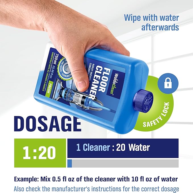 WoldoClean Floor Cleaner Solution for Robot Mops 25.36 fl.oz - Concentrate Makes 40 Gallons, compatible with Roborock, Dreame, Roomba, Tineco