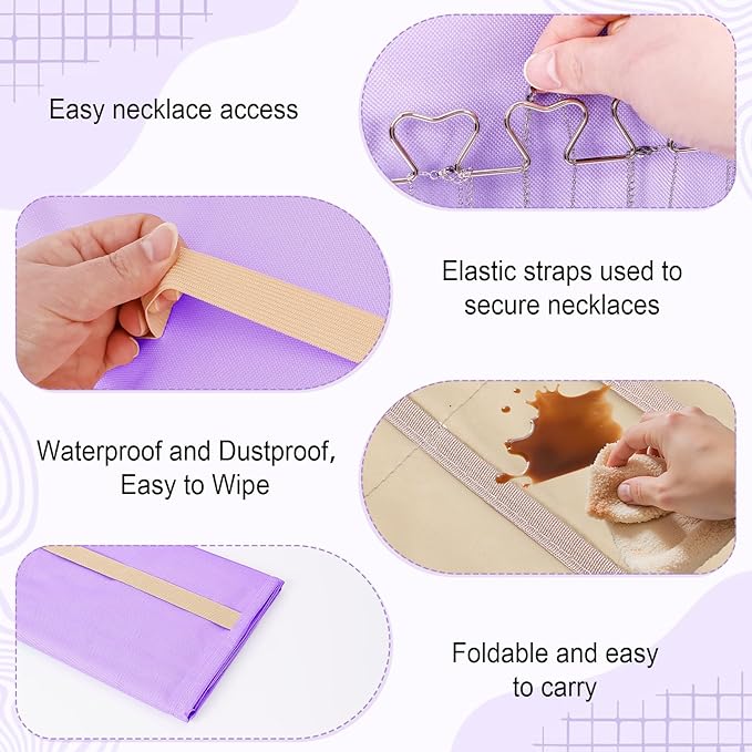 Dynoro Double-Sided Hanging Jewelry Organizer, Lavender Storage Roll for Earrings, Necklaces, Rings, 48 Pockets 21 Hooks, Durable Oxford Fabric for Closet, Wall, Door, 1 piece, Jewelry Not Included