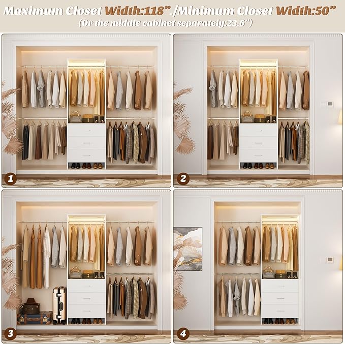 Aheaplus Closet System with Motion-Sensing Light, 3 Wooden Drawers and 4 Hanging Rods, Customizable Walk-in Closet Organizer with 3CCT LED, Heavy Duty Garment Rack for Bedroom, White