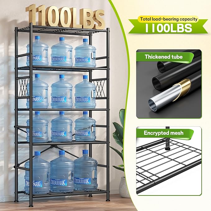 5-Storage Shelves Wire Shelving with Hooks, Metal Shelving Units Shelf Organizer, Wobble-Free Storage Rack with Adjustable Leveling Feet for Kitchen Pantry Laundry Bathroom Dorm,12"D x 30"W x 72"H