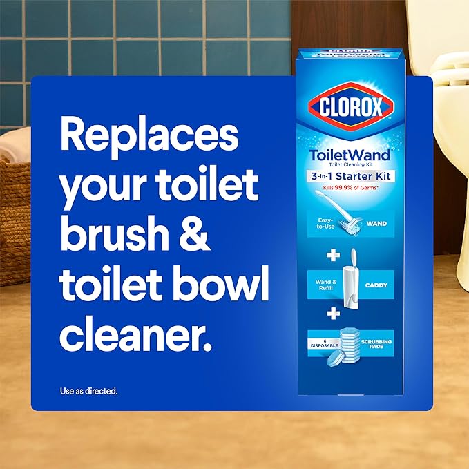Clorox ToiletWand Disposable Toilet Cleaning System, Spring Cleaning Essential, ToiletWand, Storage Caddy, and 16 Disinfecting ToiletWand Scrubbing Pad Refills